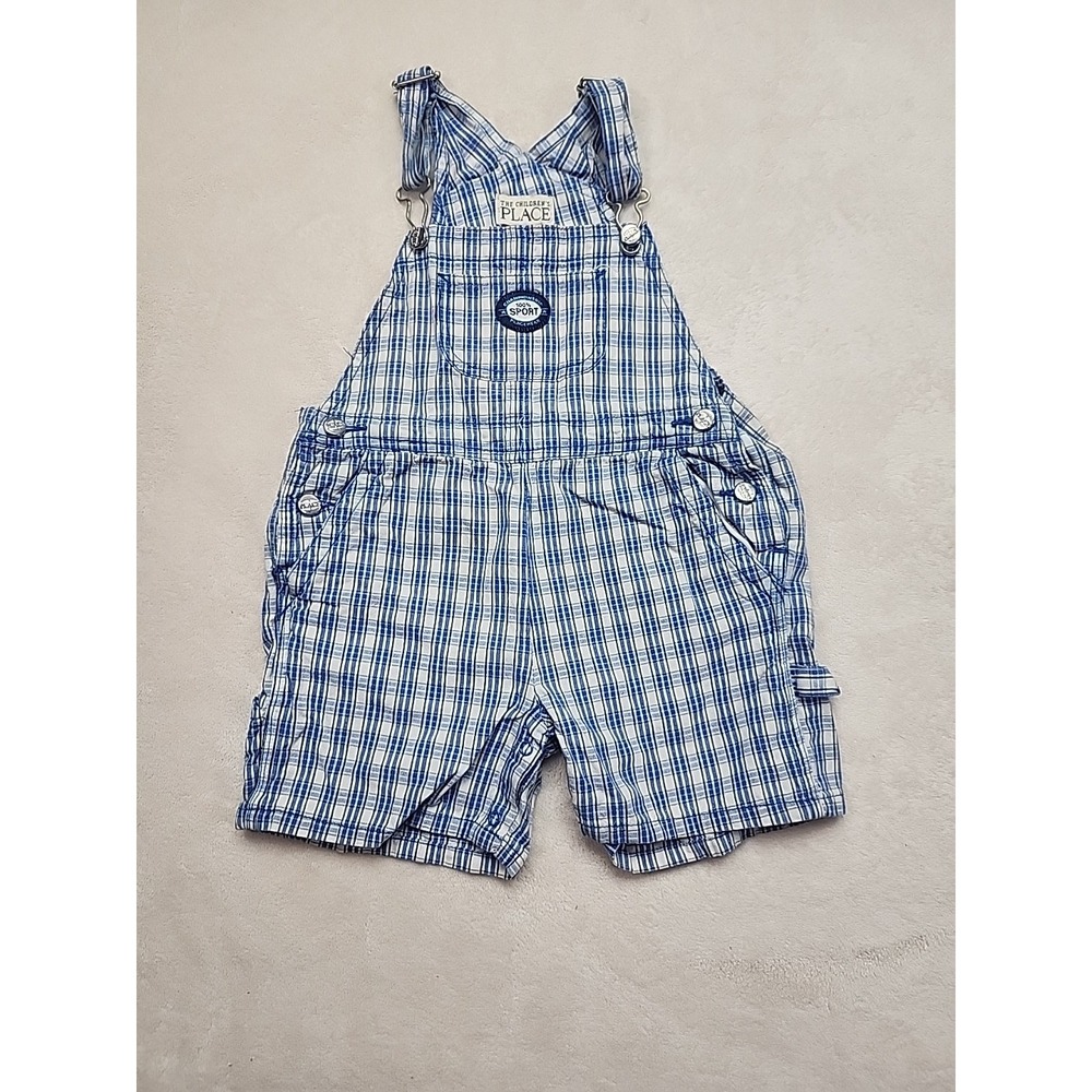 Children's Place Denim Blue/White Checkered Short Overalls Size 24 Month